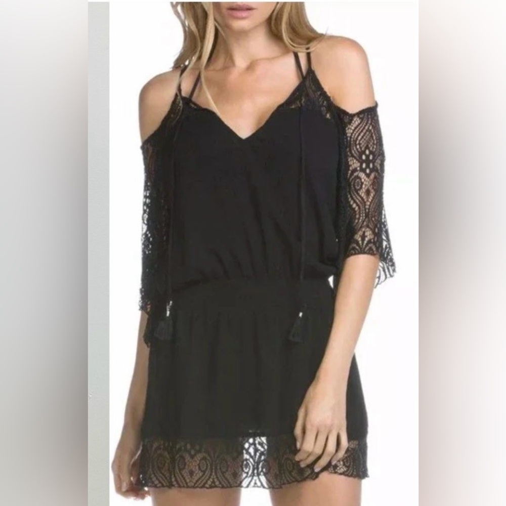 Becca Swim POETIC Cold Shoulder Tunic Lace Black Cover Up Size M